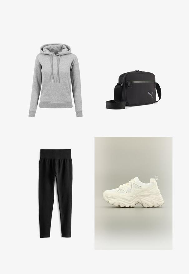 Lysegrå langærmet hættetrøje med snore, ribbet manchetter og kant samt synligt mærke inde i kraven.; Sorte ribbede leggings med en bred, elastisk talje. Stoffet ser strækbart og struktureret ud og slutter lige over anklen.; Hvid chunky sneaker med tyk tekstureret sål, mesh paneler, snørelukning foran og trækstrop ved hælen på en neutral baggrund.; Sort skuldertaske i stof med rektangulær form, udstyret med lynlås, tekstureret overflade og en grå broderet logo på den ene side.