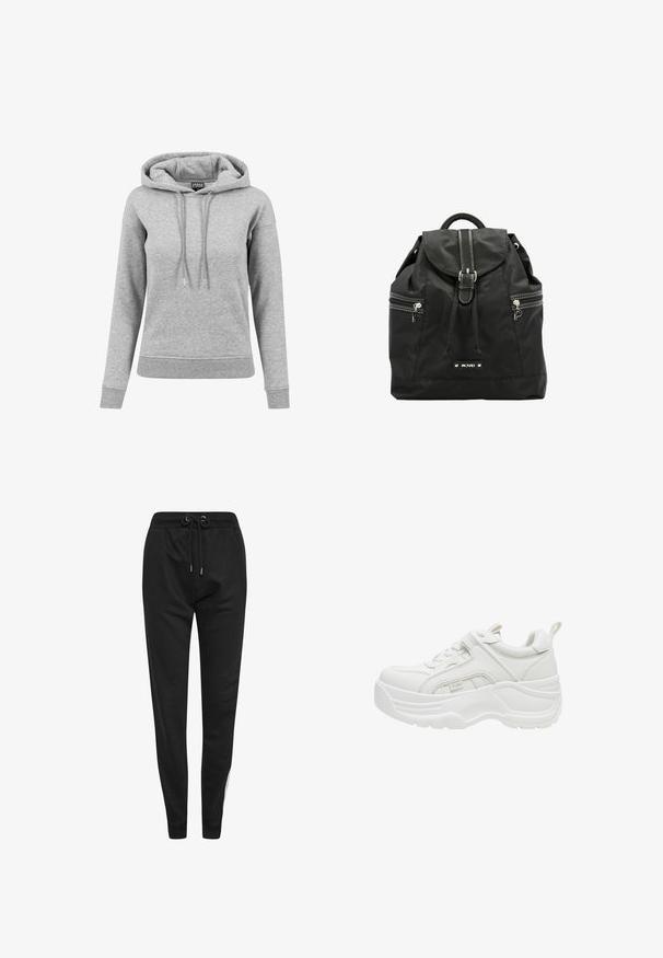 Lichtgrijze hoodie met lange mouwen met aantrekkoorden, geribde manchetten en zoom, en een zichtbaar merkembleem aan de binnenkant van de kraag.; Long Tall Sally SIDE STRIPE - Trainingsbroek - black; Witte chunky sneaker met dikke zool, veters aan de voorkant, gevoerde kraag en trekriem aan de hiel.; Zwarte nylonrugzak met voorflap, leren gespband, twee zijritsvakken, bovengreep en merkembleem aan de voorkant.