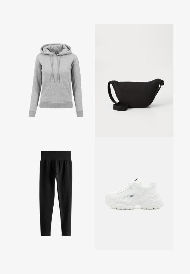 Lysegrå langærmet hættetrøje med snore, ribbet manchetter og kant samt synligt mærke inde i kraven.; Sorte ribstrikkede leggings med høj talje, bred elastisk talje og slanke ben i fuld længde på hvid baggrund.; Hvide chunky sneakers med en glat læderoverdel, rund tå og tyk tekstureret sål med et synligt brandlogo på siden.; Sort hobo taske lavet af blødt stof, med en buet form, lynlåslukning og en bred justerbar rem. Glat tekstur uden mønstre.