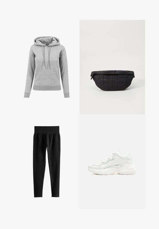 Lysegrå langærmet hættetrøje med snore, ribbet manchetter og kant samt synligt mærke inde i kraven.; Sorte ribstrikkede leggings med høj talje, bred elastisk talje og slanke ben i fuld længde på hvid baggrund.; Hvid chunky sneaker med tyk sål, snørelukning foran og glat syntetisk overdel med subtile syningsdetaljer.; Sort quiltet taske med en blød, polstret tekstur og et vinkelret diamantmønster, med en buet silhuet og lynlåslukning.