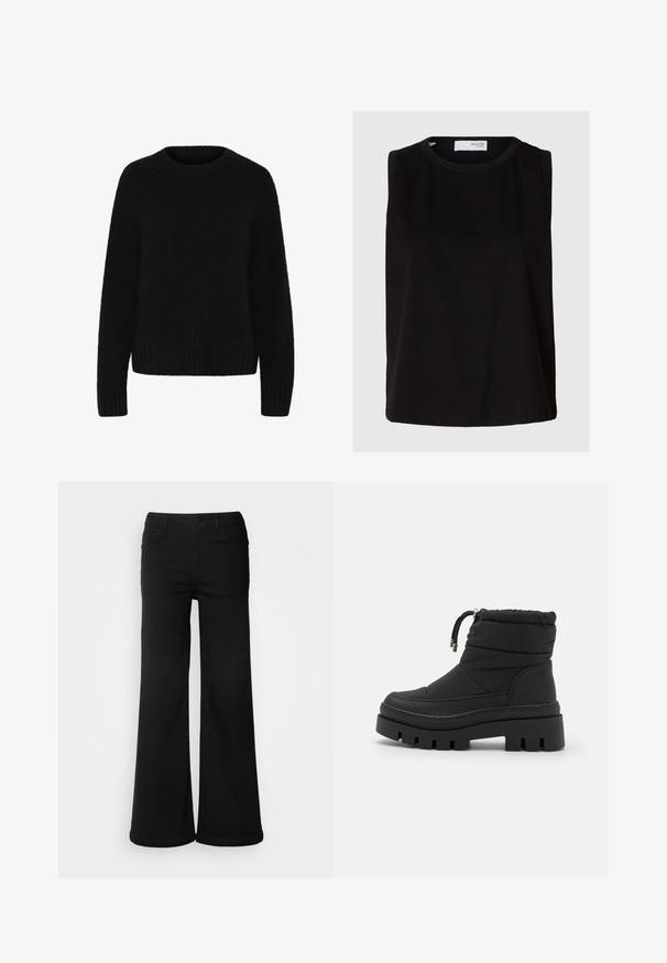 Sort sweater lavet af blødt, fuzzy materiale. Har en rund halsudskæring, lange ærmer og ribkant. Simpelt design uden mønstre eller accenter.; Sort ærmeløs top med rund halsudskæring. Lavet af blødt stof, med en afslappet pasform og et rent, enkelt design. Ensfarvet uden mønstre.; Sorte brede bukser lavet af denimstof, med frontlommer, knaplukning og en glat tekstur med en ren finish.; Sorte ankelstøvler med polstret overdel, snørebånds-lukning og en kraftig gummisål med dybe riller for godt greb. Glat og mat tekstur.