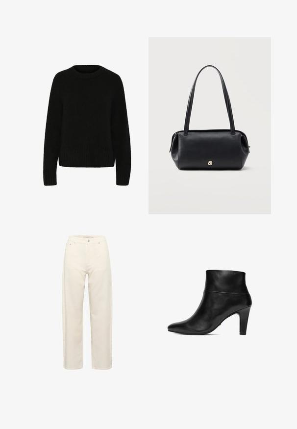Suéter negro hecho de un material suave y difuso. Presenta un escote redondo, mangas largas y dobladillo acanalado. Diseño sencillo sin patrones ni acentos.; Pantalones de pierna ancha color crema fabricados en algodón, con cintura alta, que cuentan con dos bolsillos frontales y cierre con cremallera.; Botín de cuero negro con punta afilada y tacón cuadrado de altura media, acabado liso, diseño sin cordones.; Bolso de hombro rectangular de piel negra con correas largas y pequeño logo dorado "HUGO" en el centro delantero.