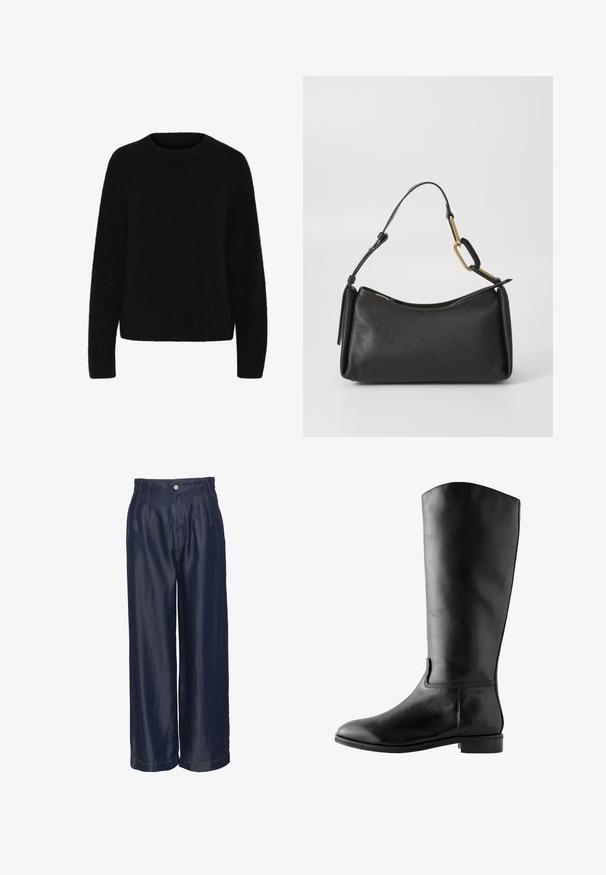 Sort sweater lavet af blødt, fuzzy materiale. Har en rund halsudskæring, lange ærmer og ribkant. Simpelt design uden mønstre eller accenter.; Marineblå denim bukser med vid ben, høj talje, forsynede med frontfolder og guldstof-detaljer, glat tekstur og knaplukning.; Next STANDARD WIDE FIT - FOREVER COMFORT KNEE HIGH FLAT RIDER - Høje støvler/ Støvler - new black leather; Sort læder skuldertaske med en struktureret overflade, buet form, kort håndtag og guld hardware detaljer. Lynlåslukning på toppen.