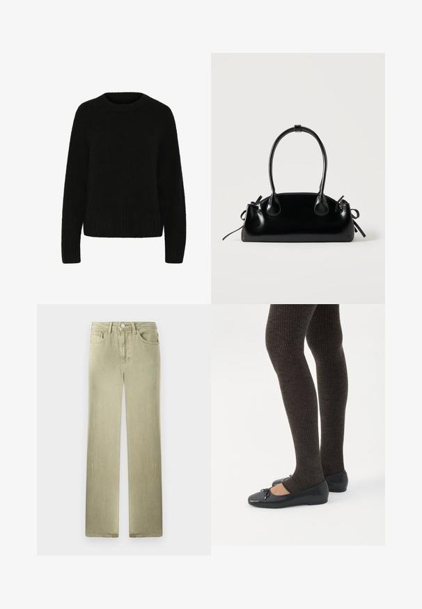 Suéter negro hecho de un material suave y difuso. Presenta un escote redondo, mangas largas y dobladillo acanalado. Diseño sencillo sin patrones ni acentos.; Vaqueros beige de pierna recta con bolsillos delanteros y traseros, cierre de botón y cremallera, mostrados sobre un fondo blanco.; Piernas con leggings oscuros acanalados combinados con bailarinas negras que presentan pequeños detalles de lazo sobre un fondo blanco.; Pequeño bolso negro brillante con dos asas largas y detalles de cordón lateral sobre un fondo claro liso.