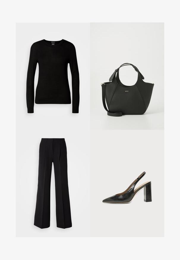 Suéter negro confeccionado en un material de punto fino, con cuello redondo y mangas largas con puños ajustados. Sin patrones ni adornos visibles.; Pantalones negros de tejido suave, con cintura alta, silueta de pierna ancha y dos pliegues frontales para añadir detalle de diseño.; Zapato slingback de piel negra con puntera puntiaguda, tacón alto y ancho, y forro interior beige sobre un fondo claro y liso.; Bolso de mano de piel negra con superficie texturizada, diseño curvado, asas dobles y una correa desmontable. Presenta un logotipo de la marca en la parte frontal.