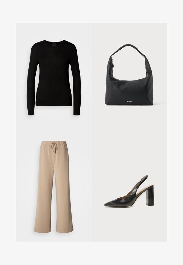 Pull noir en maille fine, avec un col rond et des manches longues à poignets ajustés. Pas de motifs ou d'ornements visibles.; Pantalon beige à jambes larges avec une ceinture élastique et un cordon de serrage. Confectionné dans un tissu doux à la texture lisse, avec un ourlet surpiqué.; Chaussure slingback en cuir noir à bout pointu avec un talon bloc haut et une doublure intérieure beige sur un fond clair uni.; Sac à épaule en cuir noir avec anse tressée, détail de fermeture éclair dorée et petit logo "HUGO" doré au centre à l'avant.