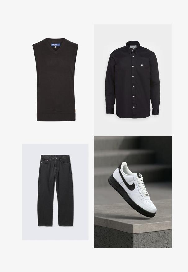 Blend BHLARSSON - Svetrík - black; Čierna košeľa na gombíky vyrobená z bavlny, s ostrým golierom, dlhými rukávmi a malým bielym logom na ľavej hrudi. Obsahuje biele gombíky.; Čierne rifle s rovným strihom, s piatimi vreckami a zapínaním na gombík v páse, položené na svetlom pozadí.; Biela kožená teniska s čiernymi akcentmi, zaoblenou špičkou a perforovanými detailmi. Čierna gumová podrážka s textúrovaným vzorom a šnurovanie na šnúrky.