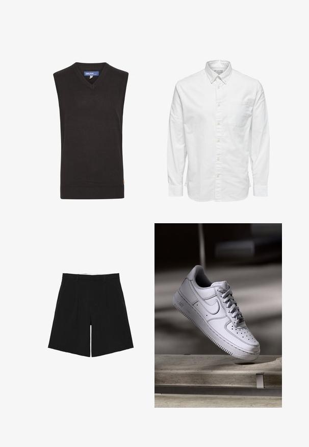 Blend BHLARSSON - Pullover - black; Chemise blanche à manches longues avec boutons, col et poche poitrine, étiquetée « Selected Homme » à l'intérieur du col.; Short noir sur mesure avec passants de ceinture, plis devant et poches latérales, posé à plat sur un fond blanc.; La basket Nike Air Force 1 en cuir blanc présente un embout perforé, des lacets plats et une semelle en caoutchouc texturée avec le logo « AIR » sur le côté.