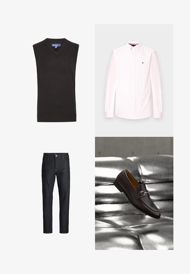Blend BHLARSSON - Pullover - black; Chemise blanche à manches longues avec des rayures verticales rose clair et un petit logo brodé sur la poitrine gauche.; Jean slim bleu foncé avec cinq poches, bouton en cuivre et couture jaune, présenté sur fond blanc.; Mocassin en cuir marron foncé avec boucle en métal argenté reposant sur une surface matelassée argentée métallique brillante, incliné pour montrer les détails latéraux et supérieurs.