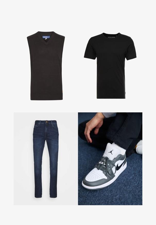 Blend BHLARSSON - Pullover - black; T-shirt noir à manches courtes en coton, avec un col rond et une étiquette logo discrète sur le côté. Design simple et polyvalent.; Jean en denim bleu foncé, avec une coupe droite, présentant une taille standard, des poches avant et des détails de couture subtils.; Baskets Nike Air Jordan 1 en cuir blanc et gris, avec un logo noir, un bout perforé et des lacets plats gris.