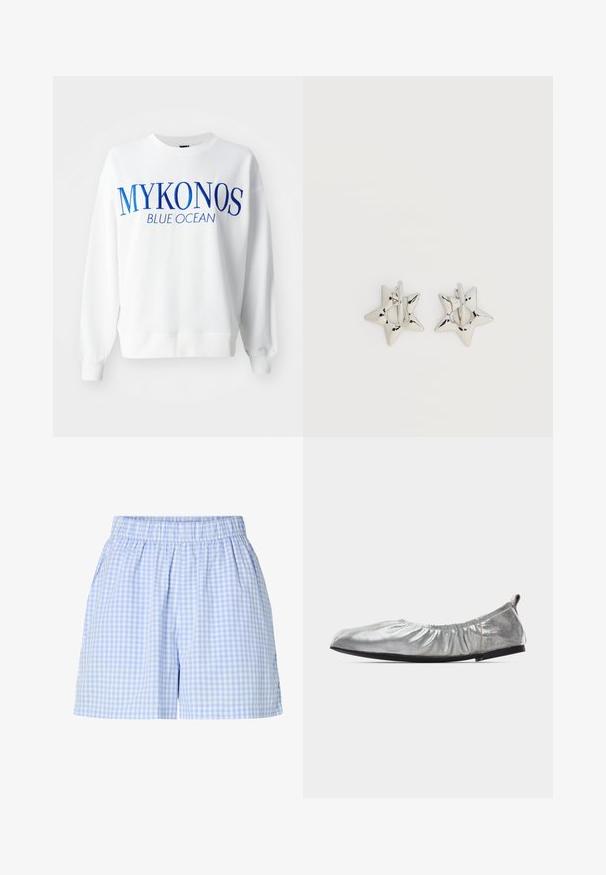 Biely sveter s modrým nápisom "MYKONOS BLUE OCEAN". Má kulatý výstrih, dlhé rukávy a rebrované manžety a spodný lem. Mäkký bavlnený materiál.; Svetlomodré a biele kockované šortky s elastickým pásom a voľným strihom, zobrazené na obyčajnom bielom pozadí.; Strieborný metalický baletný balerín s nazbieraným elastickým vrchom, čiernou podrážkou a ťahacím pásikom na päte, zobrazený z bočného profilu na bielom pozadí.; Strieborné náušnice kruhy v tvare hviezdy s hladkým, lešteným povrchom na jednofarebnom bielom pozadí.