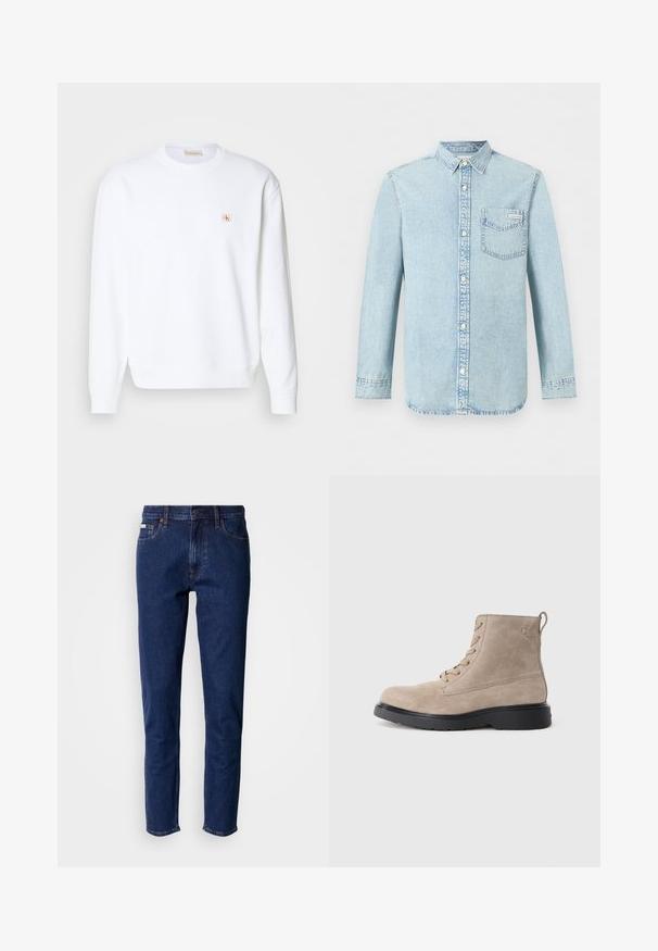 Hvid sweatshirt med lange ærmer, rund hals og ribbede manchetter. Har et lille logo i rød og beige på venstre brystområde. Glat tekstur.; Lyseblå denim-skjorte med lange ærmer, knaplukning foran, enkelt brystlomme med Calvin Klein-logo og spids krave.; Mørkeblå denimjeans med lige ben, der har fem lommer, kobbernitter og en klassisk taljebånd med knaplukning.; Beige ruskindsankelstøvler med sort gummisål, snørelukning og et lille logo præget på siden, med en løftestrop bagpå.