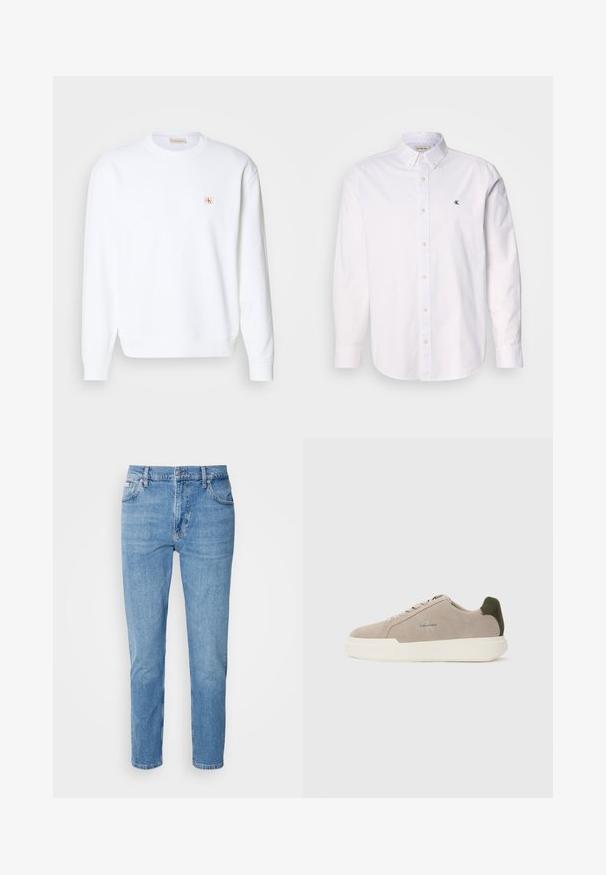 Hvid sweatshirt med lange ærmer, rund hals og ribbede manchetter. Har et lille logo i rød og beige på venstre brystområde. Glat tekstur.; Hvid skjorte med knappelukning lavet af bomuld, med klassisk krave, lange ærmer og et lille CK-logo på venstre bryst. Glat tekstur.; Lys blå denim jeans med lige snit, fem-lomme design og subtilt slid. Har knaplukning og bæltestropper.; Beige ruskinds sneakers med en hvid gummisål, der har en mørkegrøn hælaccent og subtil branding på siden.