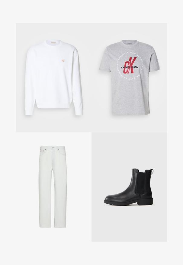 Witte sweatshirt met lange mouwen, ronde hals en geribde manchetten. Heeft een klein logo in rood en beige op de linkerkant van de borst. Smooth textuur.; Grijze katoenen t-shirt met ronde hals, korte mouwen en een centrale afbeelding met "Calvin Klein" en "CK" in rood en zwart.; Witte rechte jeans met hoge taille, voorzien van een knoop- en ritssluiting aan de voorkant, riemlussen en voorzakken.; Zwarte leren enkelboot met elastische zijpanelen, trekhaak op de hiel en een lage blokzool tegen een effen achtergrond.