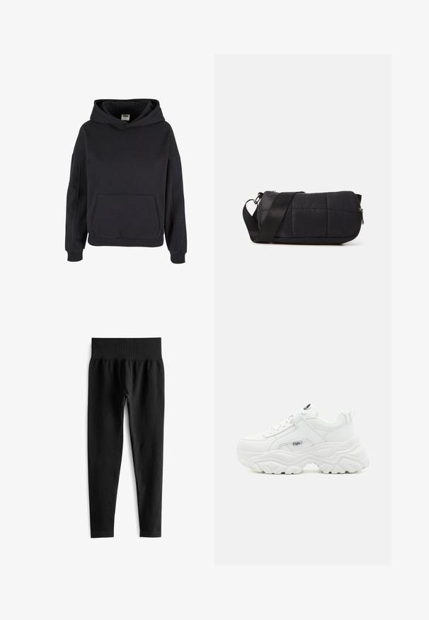 Sort pullover-hoodie med kængurulomme, ribstrikkede manchetter og en afslappet pasform.; Sorte ribbede leggings med en bred elastisk talje, der har en tætsiddende silhuet og en glat tekstur. Ingen synlig hardware eller mønstre.; Hvide chunky sneakers med en glat læderoverdel, rund tå og tyk tekstureret sål med et synligt brandlogo på siden.; Sort quiltet taske med cylindrisk form, lavet af blødt materiale. Har en sort rem og sølvhardware. Lynlås lukning.