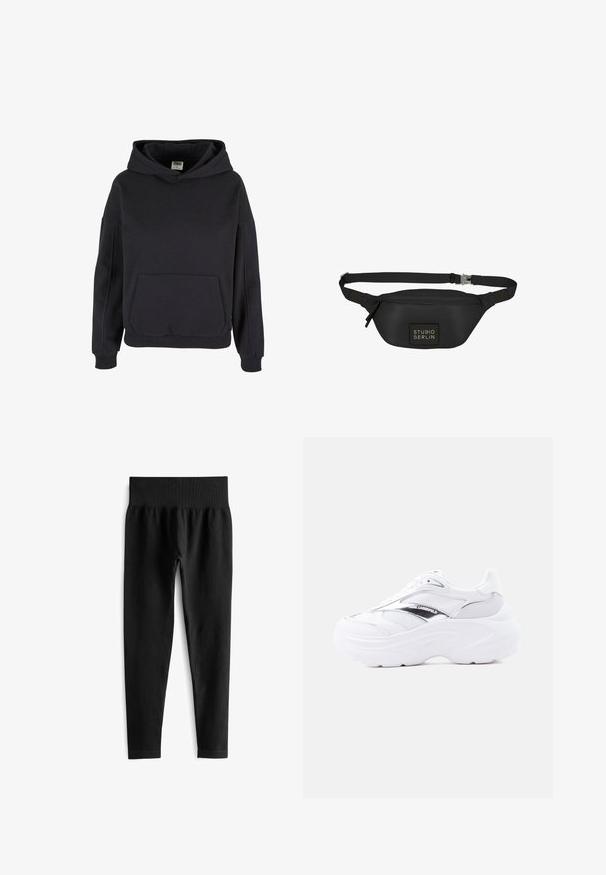Mustast pullover-stiilis kapuutsiga dressipluus kengurutasku, soonikkoesäärte ja lõdva lõikega.; Mustad ribad leggingud laia elastse vööga, millel on liibuv siluett ja sile tekstuur. Ei ole nähtavaid riistu ega mustreid.; Valge massiivne toss, mille ülemises osas on võrk ja nahk, paks tald, metallik hõbedane detail ning „Karl Lagerfeldi” bränding küljel.; Must mustaga mustar, mis on valmistatud siledast, veekindlast materjalist, millel on ristkülikukujuline keha, reguleeritav rihm ja esiosas logo plaastr.