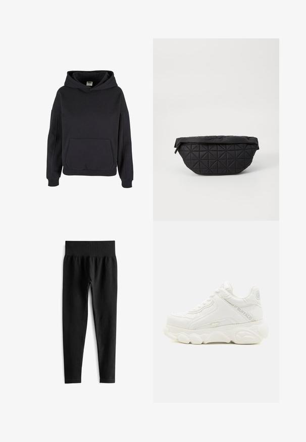 Sweat à capuche noir style pullover avec poche kangourou, poignets côtelés et coupe décontractée.; Leggings noirs côtelés avec une large taille élastique, présentant une silhouette ajustée et une texture lisse. Pas de matériel ou motifs visibles.; Basket blanche épaisse avec semelle épaisse, design à lacets, et marquage "Buffalo" sur le côté et le talon.; Sac noir matelassé avec une texture douce et rembourrée, un motif en diamant angulaire, une silhouette arrondie et une fermeture éclair.