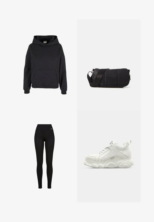 Zwarte pullover hoodie met kangoeroezak, geribde boorden en een relaxte pasvorm.; Zwarte leggings met een hoge tailleband, rekbaar materiaal, een soepele textuur en een pasvorm die geschikt is voor casual of sportieve kleding.; Witte sportieve sneakers met een gladleren bovenkant, ronde zool en textuuraccent. Beschikt over veters en een trekring aan de achterkant.; Zwarte gearceerde tas met een cilindrische vorm, gemaakt van zacht materiaal. Voorzien van een zwarte schouderriem en zilveren hardware. Rits sluiting.