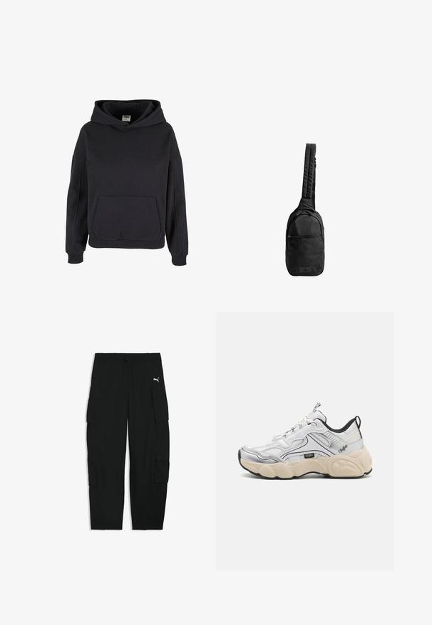 Sweat à capuche noir style pullover avec poche kangourou, poignets côtelés et coupe décontractée.; Pantalon cargo noir avec taille élastique, cordon de serrage, poches latérales à rabat et petit logo blanc Puma sur la cuisse droite.; Baskets blanches avec des panneaux en maille et en synthétique, accents argentés, semelle crémeuse épaisse et détails noirs contrastants. Possède un système de laçage.; Sac sling noir en tissu texturé, avec une seule sangle rembourrée, une poche frontale zippée et un patch logo à la base.