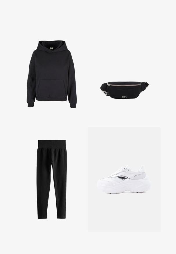 Sweat à capuche noir style pullover avec poche kangourou, poignets côtelés et coupe décontractée.; Leggings noirs côtelés taille haute avec une large ceinture élastique, coupe slim longueur totale, sans logos ni motifs visibles.; Baskets blanches épaisses avec dessus en mesh et cuir, semelle épaisse, détail métallique argenté et logo "Karl Lagerfeld" sur le côté.; Sac banane en tissu noir avec fermeture éclair argentée et bandoulière ajustable, avec petit logo blanc "Bimba y Lola" sur le devant.