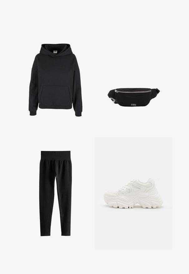 Mustast pullover-stiilis kapuutsiga dressipluus kengurutasku, soonikkoesäärte ja lõdva lõikega.; Mustad soonikkud kõrge vöökohaga retuusid laia elastse vöökohaga, täispikkuses kitsas lõige, ilma nähtavate logode või mustriteta.; Valged jämedad sneakers, millel on tekstureeritud ülemine osa, võrgusilma paneelid ja paksud kummist tallad, millel on silmapaistev mustrimuster. Paelad ja tõmbeosa on kaasa arvatud.; Mustast kangast vöökott hõbedase tõmblukuga ja reguleeritava rihmaga, mille esiküljel on väike valge "Bimba y Lola" logo.