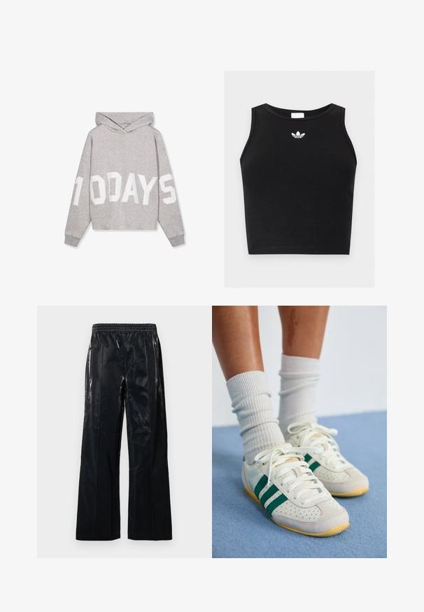 Lichtgrijze hoodie met grote witte tekst "10 DAYS" over de voorkant en mouwen, met lange mouwen en geribde boorden.; Zwarte geribbelde mouwloze cropped top met ronde hals en klein wit Adidas trefoil-logo gecentreerd bij de kraag.; Zwarte, wijde broek van glanzend materiaal. Heeft een elastische tailleband en verticale naden voor structuur en ontwerp. Gladde textuur.; Voeten met witte sneakers met groene strepen en witte geribbelde sokken die op een lichtblauw tapijt staan.
