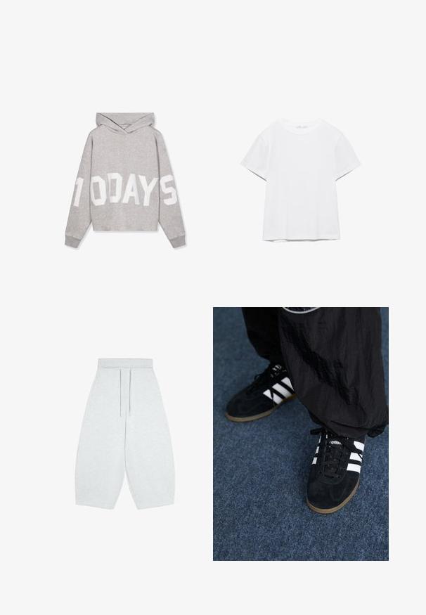 Lysegrå hættetrøje med stort hvidt tryk "10 DAYS" på fronten og ærmerne, med lange ærmer og ribkanter.; Hvid, kortærmet T-shirt med rund hals og lige kant, vist på en hvid baggrund.; Lysegrå viddebenede cropped bukser med elastisk talje og snøre foran, lavet af blødt strikket stof.; Sorte suedetrainingssko med tre hvide striber og sorte snørebånd. Et tekstureret sort bukser er delvist synligt ved siden af skoene.