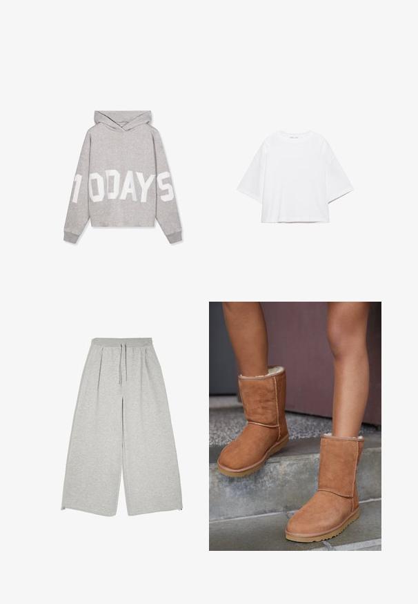Sweat à capuche gris clair avec un grand texte blanc « 10 DAYS » sur le devant et les manches, avec manches longues et poignets côtelés.; T-shirt blanc à manches courtes, coupe carrée, en coton doux. Présente un col rond et des manches larges, avec un design épuré et simple.; Pantalon large gris clair avec taille élastique, cordon, poches latérales et coupe ample et décontractée.; Bottines en suede marron, à bout rond, avec une doublure douce et une semelle en caoutchouc, présentant des détails de couture visibles le long des coutures.