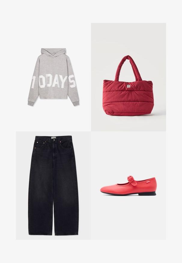 Lichtgrijze hoodie met grote witte tekst "10 DAYS" over de voorkant en mouwen, met lange mouwen en geribde boorden.; Wijduitlopende zwarte spijkerbroek van denim met koperen knopen, twee voorke pockets en een gladde textuur. Eenvoudig ontwerp met een rechte snit.; Rode Mary Jane platte schoen met gespsluiting en zwarte zool, zijaanzicht tegen een witte achtergrond.; Rode gewatteerde draagtas met gewatteerde handgrepen en een klein wit label met zwart logo aan de voorkant.