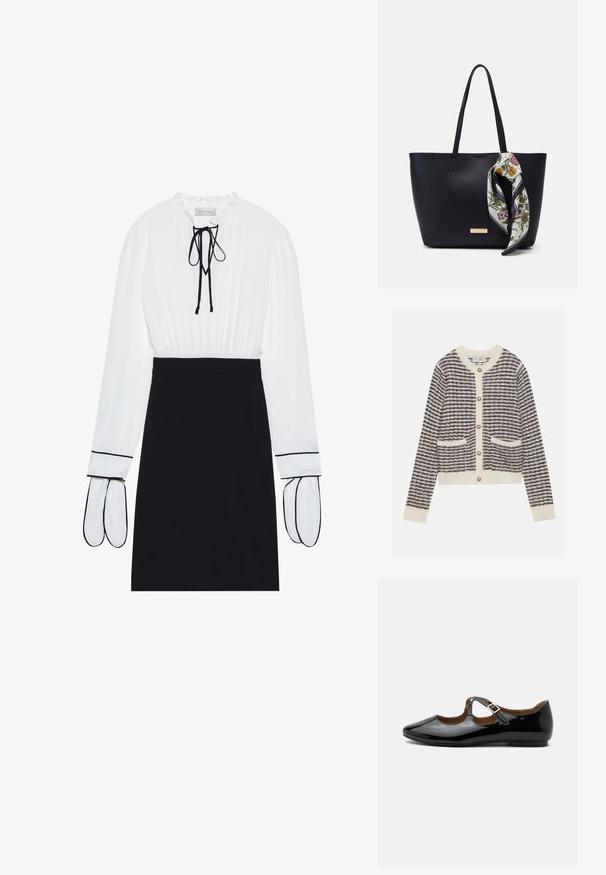 Gilet tricoté en crème et marine avec des rayures horizontales, doté de boutons en perles rondes et de deux poches avant. Poignets côtelés.; Blouse blanche avec un col froncé et un cordon de serrage ; jupe noire ajustée avec des passepoils blancs contrastants sur les manches. Texture de tissu lisse.; Chaussure plate Mary Jane en cuir verni noir avec deux découpes et une bride à boucle dorée sur fond blanc.; Sac fourre-tout en cuir noir avec deux poignées, orné d'une écharpe en soie florale attachée à la poignée et d'un accent logo métallique à l'avant.