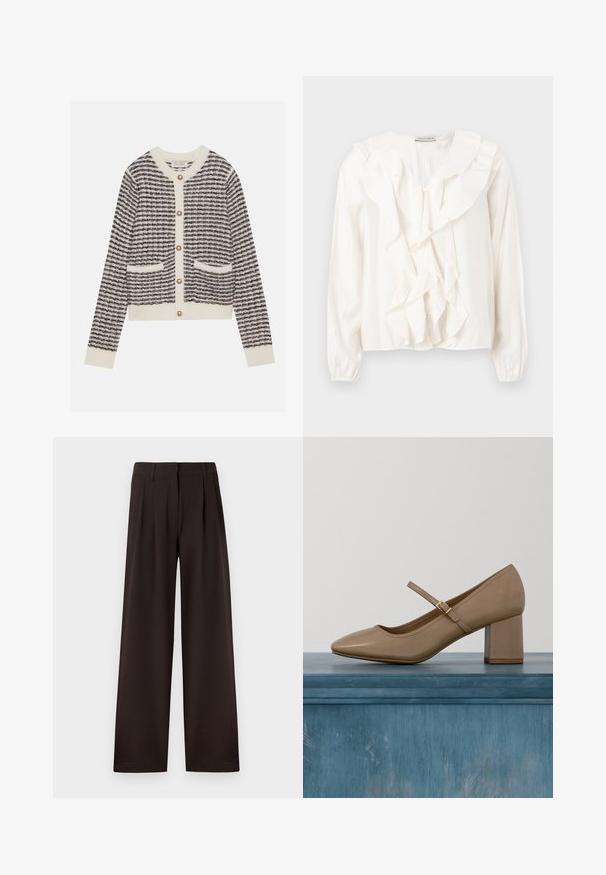 Gilet tricoté en crème et marine avec des rayures horizontales, doté de boutons en perles rondes et de deux poches avant. Poignets côtelés.; Blouse blanche avec un devant à volants, tissu doux, manches longues et fermetures à boutons. Présente un col structuré et des poignets froncés.; Pantalon marron foncé à jambes larges avec plis et passants pour ceinture, doté d'une fermeture éclair avant et d'un ourlet net sur un fond uni.; Escarpin en cuir beige à talon bloc avec bout arrondi et une bride décorative avec une boucle dorée. Texture lisse, design minimaliste.