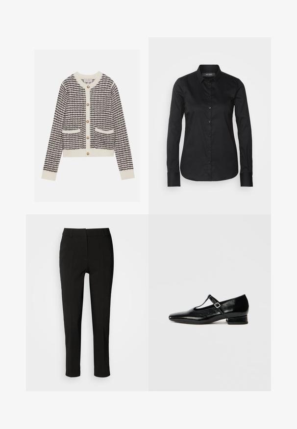Strickjacke in Creme und Marineblau mit horizontalen Streifen, ausgestattet mit runden Perlenknöpfen und zwei frontalen Taschen. Gerippte Bündchen.; Mos Mosh TILDA SHIRT - Hemdbluse - black; Schwarze, maßgeschneiderte Hosen mit schlankem Schnitt, flacher Vorderseite und ohne sichtbare Taschen, ausgestattet mit einer glatten Textur und einem sauberen Abschluss am Saum.; Schwarze Mary Jane Schuhe aus Leder mit spitzer Spitze, kleinem Blockabsatz und verstellbarem Riemen mit silberner Schnalle. Glatte, glänzende Textur.