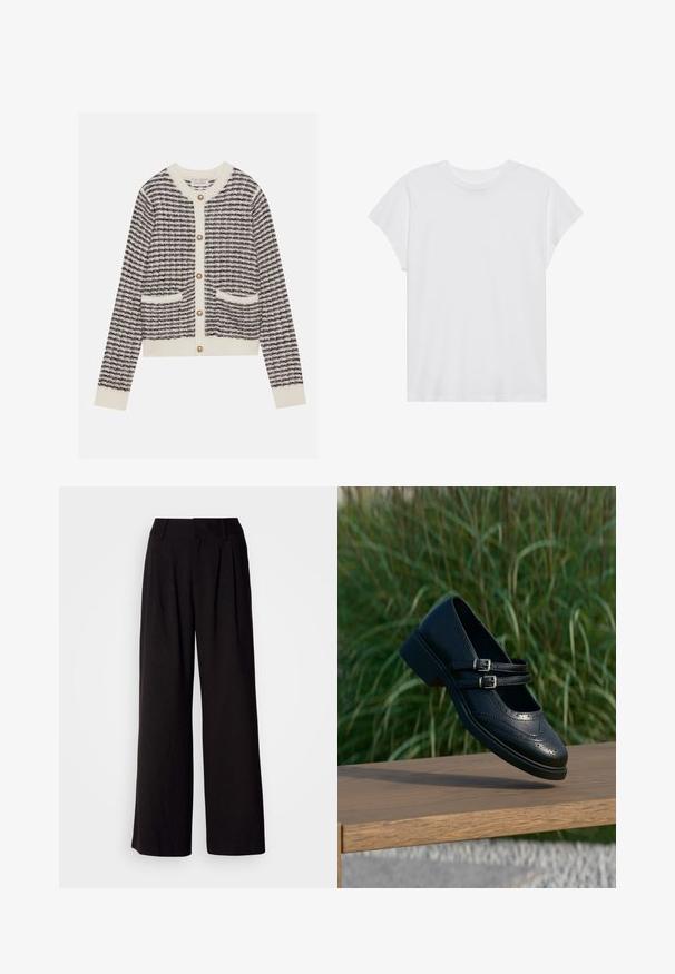 Strickjacke in Creme und Marineblau mit horizontalen Streifen, ausgestattet mit runden Perlenknöpfen und zwei frontalen Taschen. Gerippte Bündchen.; Weißes kurzärmliges T-Shirt mit Rundhalsausschnitt, lockerer Passform, aus weichem Baumwollstoff. Glatte Textur, keine Muster oder Logos.; Schwarze weit geschnittene Hosen aus glattem Stoff, mit Falten an der Vorderseite, einem taillierten Bund und ohne sichtbare Muster oder Akzente.; Schwarzer Mary Jane Lederschuh mit doppelten Schnallenriemen und Brogue-Details, schwebend über einer Holzbank mit grünem Gras im Hintergrund.