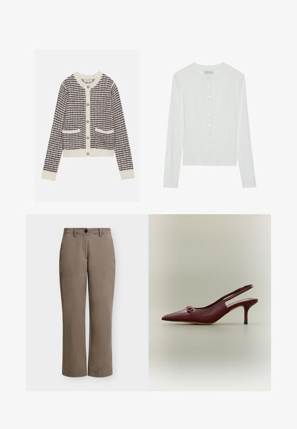 Strickjacke in Creme und Marineblau mit horizontalen Streifen, ausgestattet mit runden Perlenknöpfen und zwei frontalen Taschen. Gerippte Bündchen.; Weißes Langarmoberteil aus geripptem Stoff, mit einem runden Ausschnitt und einer Knopfleiste mit sechs transparenten Knöpfen.; Khakifarbene Hosen mit geradem Bein, Gürtelschlaufen, Knopf- und Reißverschluss sowie zwei Fronttaschen, vor schlichtem weißen Hintergrund.; Dunkelroter Leder-Slingback-High-Heel-Schuh mit spitzer Schuhspitze und kleinem dekorativem Knoten vorne, von der Seite auf neutralem Hintergrund gezeigt.