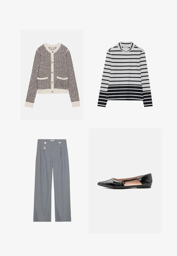Gilet tricoté en crème et marine avec des rayures horizontales, doté de boutons en perles rondes et de deux poches avant. Poignets côtelés.; T-shirt à manches longues en coton, présentant des rayures horizontales noires et blanches, un col montant haut et une coupe décontractée avec des fentes sur les côtés.; Pantalons large en vichy noir et blanc avec plis avant et boutons dorés sur la taille. Texture de tissu lisse.; Chaussure plate pointue en cuir verni noir avec découpe latérale et petit nœud décoratif sur le bord extérieur.