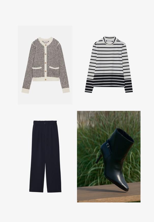 Gilet tricoté en crème et marine avec des rayures horizontales, doté de boutons en perles rondes et de deux poches avant. Poignets côtelés.; T-shirt à manches longues en coton, présentant des rayures horizontales noires et blanches, un col montant haut et une coupe décontractée avec des fentes sur les côtés.; Pantalons large bleu marine avec une texture lisse, taille élastique, pli avant unique et fermeture à bouton à la taille.; Bottine en cuir noir avec pointe effilée, talon empilé, texture scintillante et une bride décorative avec une boucle argentée.