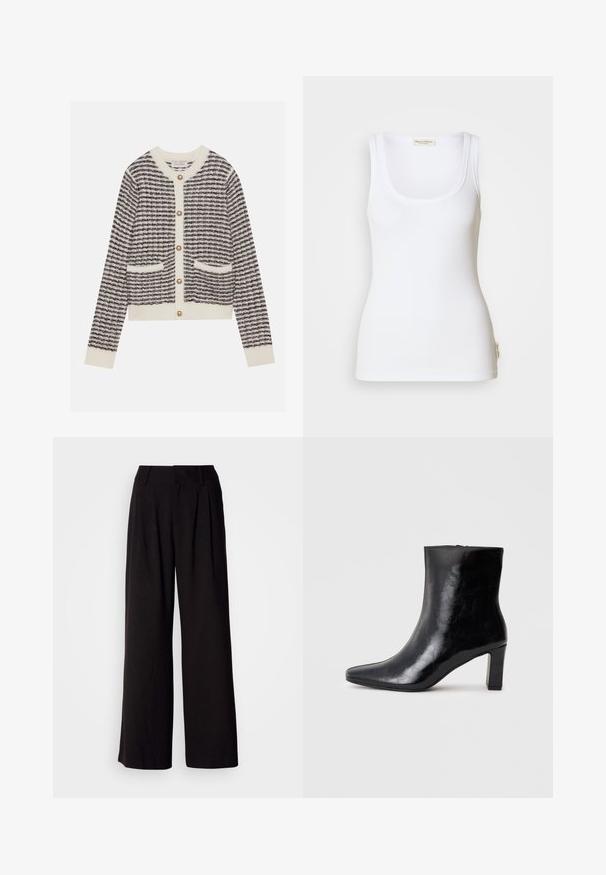 Gilet tricoté en crème et marine avec des rayures horizontales, doté de boutons en perles rondes et de deux poches avant. Poignets côtelés.; Débardeur blanc côtelé avec un col rond dégagé et des bretelles larges. Présente une étiquette logo sur l'ourlet latéral. Confectionné en tissu doux et extensible.; Pantalon large noir en tissu lisse, avec des plis à l'avant, une taille ajustée, et sans motifs ni accents visibles.; Bottine noire en cuir brillant, avec un bout pointu et un talon carré moyen, présentant une texture lisse et un design simple.