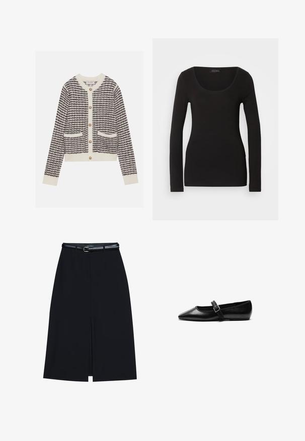 Gilet tricoté en crème et marine avec des rayures horizontales, doté de boutons en perles rondes et de deux poches avant. Poignets côtelés.; Haut noir à manches longues avec un décolleté en U, fabriqué en tissu doux et extensible. Présente une forme ajustée et une texture lisse. Étiquette de marque visible.; Jupe noire à mi-cuisse avec une fente frontale, fabriquée en tissu lisse. Comprend une fine ceinture noire avec une boucle en argent et des passants.; Chaussure noire plate en cuir avec un bout pointu, bride réglable avec une boucle en métal, texture lisse et design minimaliste.