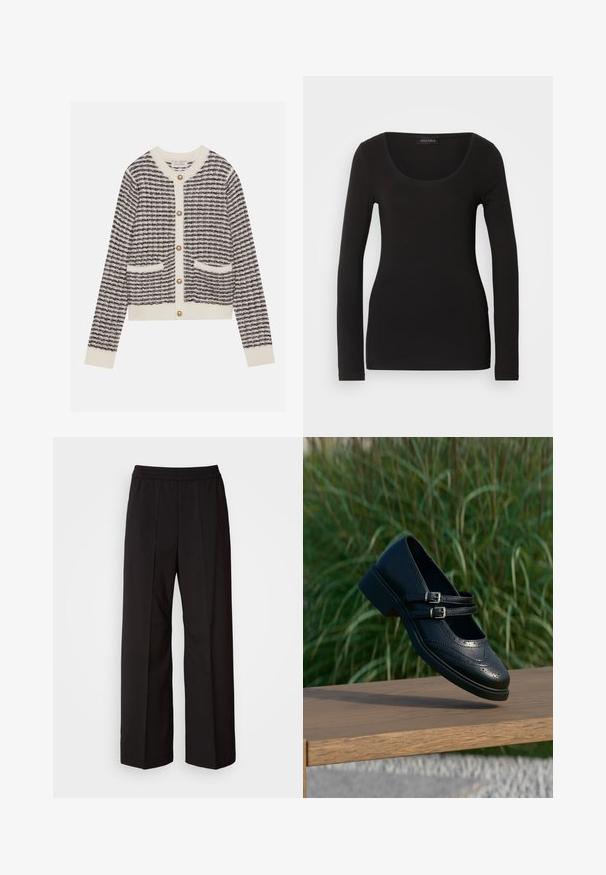 Gilet tricoté en crème et marine avec des rayures horizontales, doté de boutons en perles rondes et de deux poches avant. Poignets côtelés.; Haut noir à manches longues avec un décolleté en U, fabriqué en tissu doux et extensible. Présente une forme ajustée et une texture lisse. Étiquette de marque visible.; Pantalons larges noirs avec un design plissé, une taille élastique et une texture de tissu lisse. Convient à diverses occasions.; Chaussure Mary Jane en cuir noir avec doubles brides bouclées et détails brogue, flottant au-dessus d'un banc en bois avec en arrière-plan de l'herbe verte.