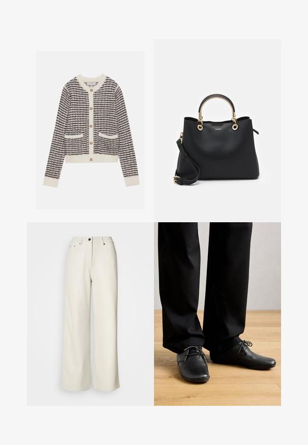 Strickjacke in Creme und Marineblau mit horizontalen Streifen, ausgestattet mit runden Perlenknöpfen und zwei frontalen Taschen. Gerippte Bündchen.; Cremefarbene weit geschnittene Hose aus glattem Stoff. Sie hat eine mittlere Leibhöhe, einen Reißverschluss und zwei vordere Taschen mit schwarzen Hardware-Elementen.; Person, der schwarze klassisch Schuhe und schwarze Hose trägt, steht auf einem hellen Holzboden vor einem schlichten Hintergrund.; Schwarze Lederhandtasche mit strukturiertem Design, goldenen Hardware-Akzenten, zwei oberen Griffen und einem abnehmbaren Schultergurt.