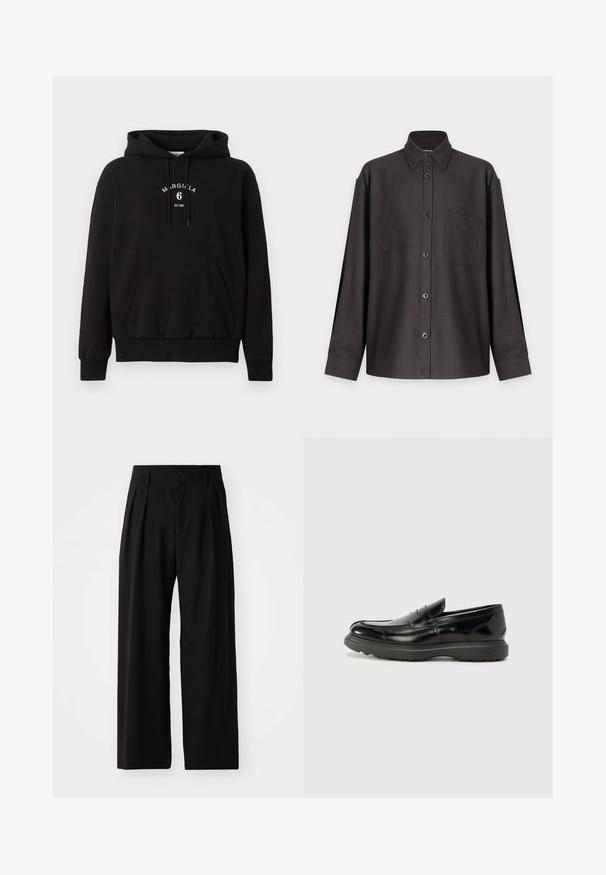 Black hoodie with front kangaroo pocket, drawstring hood, and "MARGIELA 6 EST 1997" text printed in white on the chest.; Black long-sleeve button-up shirt with a pointed collar and a chest pocket, displayed on a plain white background.; Black wide-leg trousers with a smooth texture, featuring two front pleats, a button closure, and side pockets. Durable fabric.; Black leather loafer with a glossy finish, rounded toe, subtle stitching details, and a thick rubber sole for durability.
