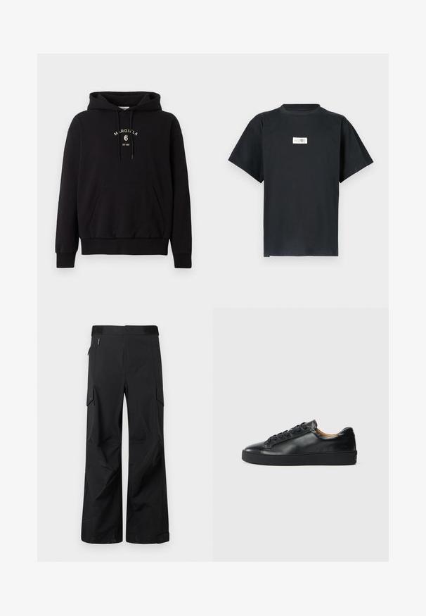 Sweat à capuche noir avec poche kangourou devant, capuche avec cordon de serrage et texte « MARGIELA 6 EST 1997 » imprimé en blanc sur la poitrine.; T-shirt en coton noir avec un col rond, des manches courtes et une étiquette blanche rectangulaire sur la poitrine affichant du texte et des chiffres.; Pantalons cargo noirs en tissu lisse et résistant à l'eau. Dotés de jambes larges, de multiples poches latérales et d'une taille plate avec un branding subtil.; Baskets en cuir noir avec une texture lisse, bout rond et fermeture à lacets. Comprend une semelle en caoutchouc épaisse et un minimum de détails de marque.