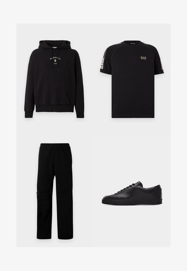 Sweat à capuche noir avec poche kangourou devant, capuche avec cordon de serrage et texte « MARGIELA 6 EST 1997 » imprimé en blanc sur la poitrine.; T-shirt noir à manches courtes et col rond avec logo beige EA7 Emporio Armani sur la poitrine et bandes beiges de marque sur les épaules et les manches.; Pantalons en polaire noire avec taille élastique et coupe droite. Texture lisse sans motifs ni éléments métalliques visibles.; Baskets basses en cuir noir avec lacets sur le devant et semelle en caoutchouc plate, vues de côté sur un fond blanc uni.