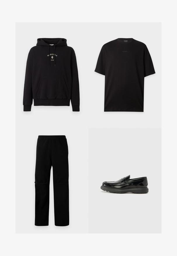 Sweat à capuche noir avec poche kangourou devant, capuche avec cordon de serrage et texte « MARGIELA 6 EST 1997 » imprimé en blanc sur la poitrine.; T-shirt noir manches courtes col rond avec petit logo Armani Exchange centré sur la poitrine.; Pantalons en polaire noire avec taille élastique et coupe droite. Texture lisse sans motifs ni éléments métalliques visibles.; Mocassin en cuir noir avec une finition brillante, bout arrondi, détails de couture subtils et semelle en caoutchouc épaisse pour la durabilité.