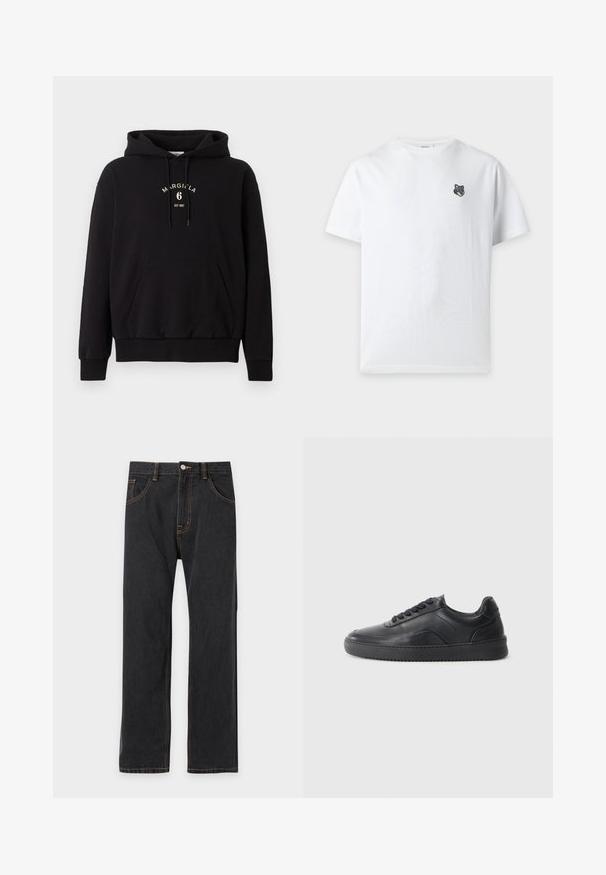 Black hoodie with front kangaroo pocket, drawstring hood, and "MARGIELA 6 EST 1997" text printed in white on the chest.; White short-sleeve T-shirt with a small black and gray wolf head logo on the left chest and a round neckline.; Black straight-leg jeans with contrast orange stitching, front button, and pockets on a plain light background.; Black leather sneaker with a smooth finish, rounded toe, textured side panel, and black laces. Features a flat rubber sole and minimal design.