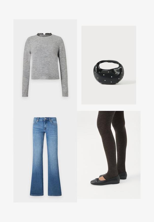 Pull gris à manches longues, avec un col rond accentué par de la dentelle noire, et un ourlet côtelé, fabriqué dans un tissu doux et texturé.; Jean flare bleu clair en denim. Comprend un design à cinq poches, une fermeture par bouton métallique et un léger délavage près des genoux.; Jambes portant des leggings côtelés foncés associés à des ballerines noires avec de petits détails en nœud sur fond blanc.; Sac à main en cuir noir de forme arrondie, décoré de clous argentés et équipé d'une poignée courte. Texture lisse et fermeture éclair.