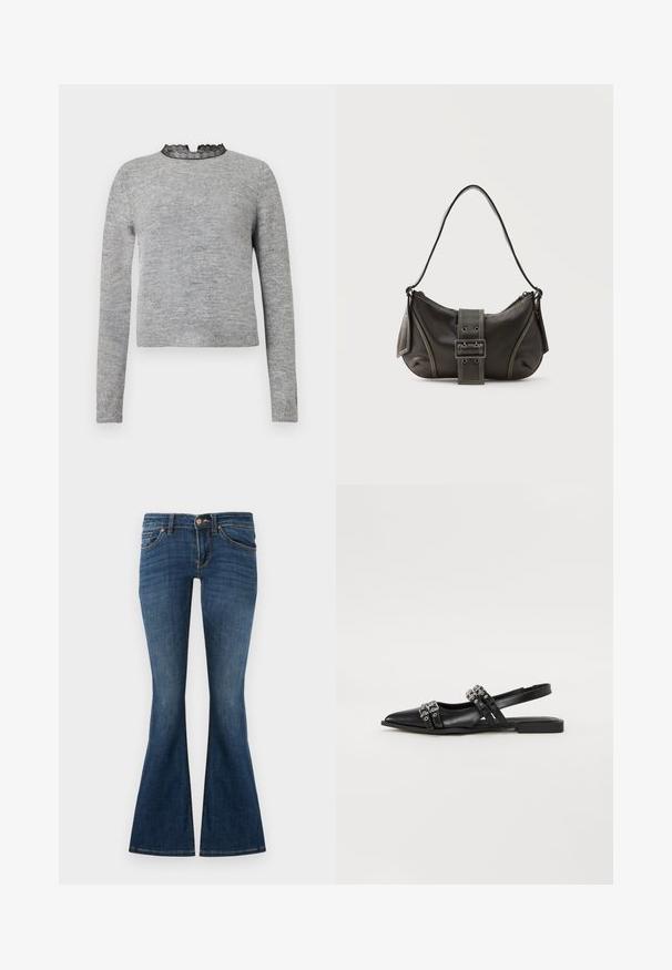 Pull gris à manches longues, avec un col rond accentué par de la dentelle noire, et un ourlet côtelé, fabriqué dans un tissu doux et texturé.; Jeans évasés bleu foncé en denim, avec une conception à cinq poches, des passants de ceinture et une fermeture à bouton à l'avant. Texture lisse avec un minimum de décoloration.; Even&Odd by Zalando Ballerines à brides arrière - black; Sac à épaule en cuir noir avec une sangle à boucle, des bords arrondis et des coutures blanches contrastées sur un fond uni.