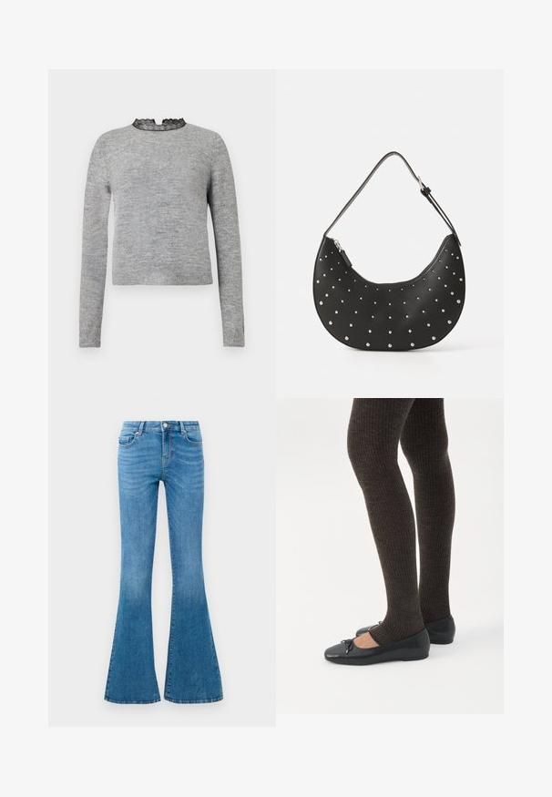 Pull gris à manches longues, avec un col rond accentué par de la dentelle noire, et un ourlet côtelé, fabriqué dans un tissu doux et texturé.; Jean flare en denim bleu avec une taille mi-haute, comportant cinq poches, un bouton standard et un léger délavage pour la texture.; Jambes portant des leggings côtelés foncés associés à des ballerines noires avec de petits détails en nœud sur fond blanc.; Sac à main en cuir noir avec une forme arrondie, orné de clous en argent, doté d'une fermeture éclair et d'une seule sangle ajustable.