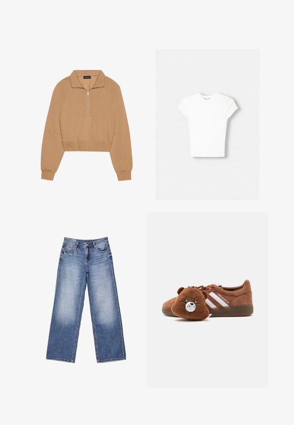 Even&Odd by Zalando Sweatshirt - tan; T-shirt blanc à manches courtes en coton doux, avec un col rond et une coupe ajustée. Pas de motifs ni d'ornements visibles.; Jean bleu clair taille haute à jambe droite avec poches avant et arrière, fermeture par bouton, et détails décolorés sur les cuisses.; Baskets Adidas marron texturées avec des rayures blanches et le texte « Care Bears », accompagnées d’une pochette en peluche à l’effigie de l’ours Care Bears.