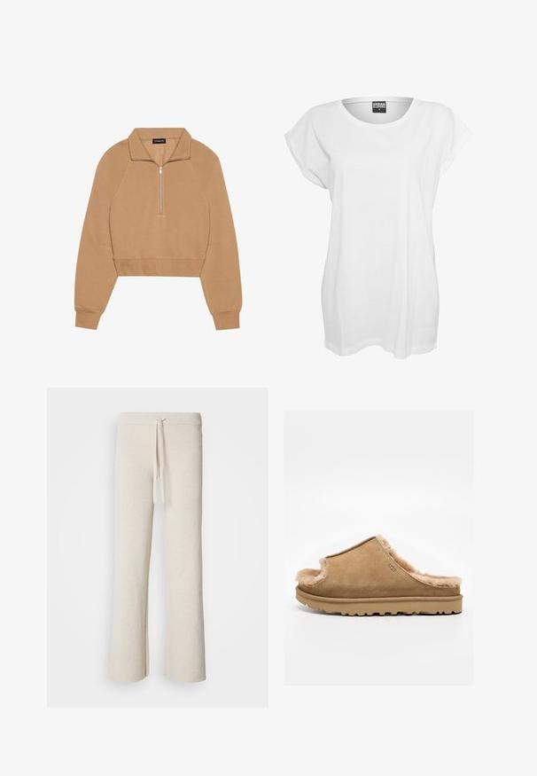 Even&Odd by Zalando Sweatshirt - tan; Hvid kortærmet t-shirt lavet af bomuld, med en afslappet pasform, bred halsudskæring og minimalistisk design uden mønstre eller accenter.; Beige brede bukser lavet af blødt stof, med en elastisk talje og snøre samt sideslidser i kanten.; Beige ruskind slip-on sutsko med blødt fleecefor og gummisål, med et side-UGG-logo på en ens hvid baggrund.
